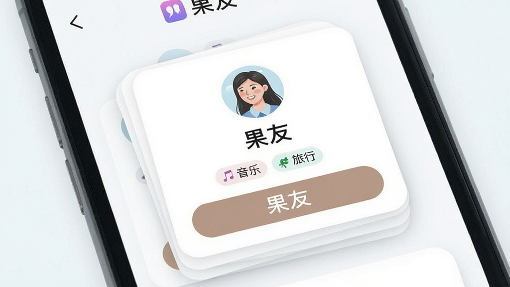 һ��չʾ�ֻ��罻��������ƥ�书�ܵ�ͼƬ�������������ֻ���Ļ������ʾһ���û�ͷ��Ƭ������Ϊ��Ƭʽ�ѵ����Ű�ɾ����������������ϸ�ڰ�����Ȥ��ǩ�硰���֡������С���ƥ�䰴ť�������д������֡����ѡ��������������޶���Ԫ�ء�