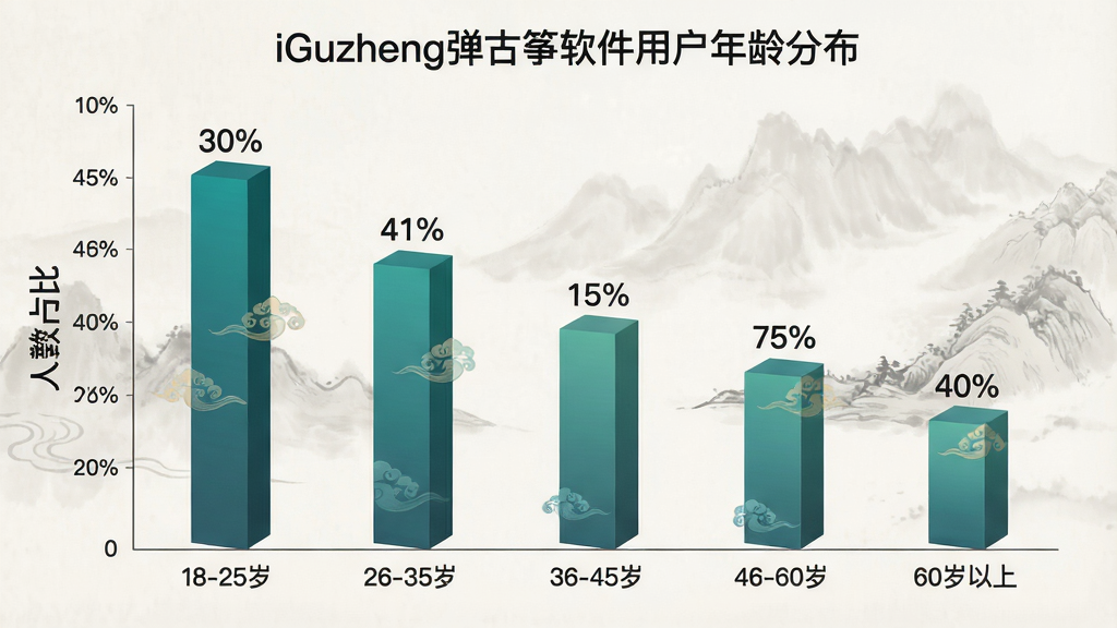 һ��չʾiGuzheng�����������û�����ֲ�����״ͼ��ͼ������Ϊ��iGuzheng�����������û�����ֲ���������Ϊ�����18-25�ꡢ26-35�ꡢ36-45�ꡢ46-60�ꡢ60�����ϣ�����Ϊ����ռ�ȣ���״ͼ��ɫΪ����Ĺŷ���ɫ��ÿ�������Ϸ���ע�ٷֱ����֣�����Ϊ���ŵ�ˮī���������־��У����Ϊ���ݿ��ӻ����磬ϸ��������������У����ʸɾ��޶���Ԫ��