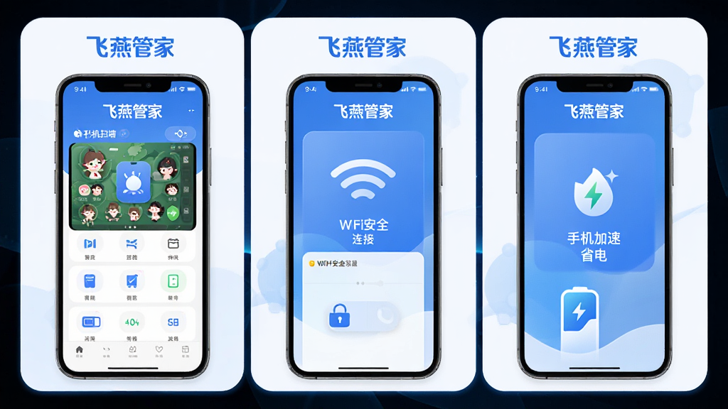 ����ܼҹ���չʾͼ�������Ϊ�����������չʾ�ֻ�����ɨ����棬�м�չʾWiFi��ȫ���ӽ��棬�ұ�չʾ�ֻ�����ʡ����棬ÿ�������С�����ܼҡ��ı�ʶ��������ͳһΪ�Ƽ�����ɫ���������������Ű����룬ϸ��Բ�󣬻��ʸɾ��޶���Ԫ��