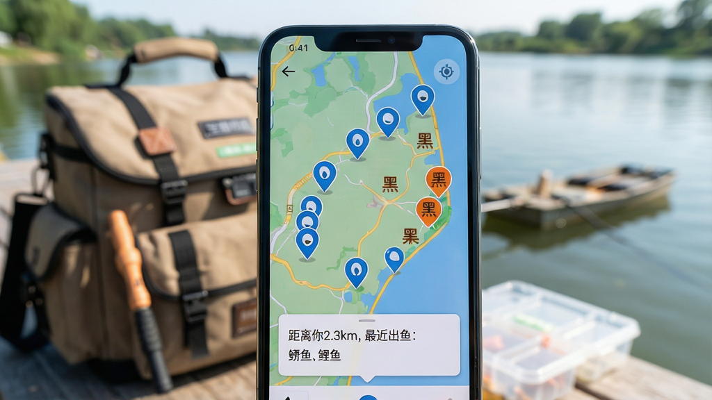 ������ ���������ͼ���棬�����������ֻ���Ļ��д����Ļ��չʾ�ŵ�ͼģʽ�µĵ���ֲ�������ɫˮ��״ͼ�����Ұ���㣬��ɫͼ������ڿӣ���ͼ�·�����һ��С��Ƭ����ʾ��������2.3km��������㣺���㡢���㡱��������ģ������߰���ˮ�߷羰���������������дʵ�������������޶���Ԫ��