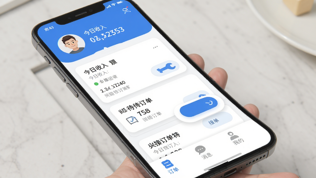 ��ͥά�޷���ƽ̨(�̼Ҷ�)Ӧ�������棬�ֻ���Ļ��ʾά�޶����б��ͽӵ���ť��������ɫ�ɾ���ˬ���������̼�ͷ��ͽ�������ͳ�ƣ��м��Ǵ��Ӷ�����Ƭ���ײ��������ж�������Ϣ���ҵ�����ͼ�꣬��ƽ����Ʒ��ϸ��Բ�󣬻��������޶���Ԫ��