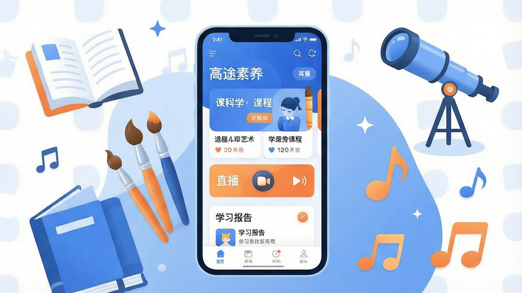 һ��չʾ����;������App���Ĺ��ܵ��ֻ������ͼ���廭������������һ�������ֻ�����Ļ����ʾ����;������App��ҳ�������γ̿�Ƭ��ֱ����ڡ�ѧϰ�����ģ�飬��Χ�������鼮�����ʡ�������Զ���������ȴ������Ŀ�ѧ������Ԫ�أ������������Ű���У����Ϊ�ִ���ƽ�������廭��ϸ��Բ��ɫ��������Ϊ������ů��ɫ��׺�����ʸɾ����޶���Ԫ��