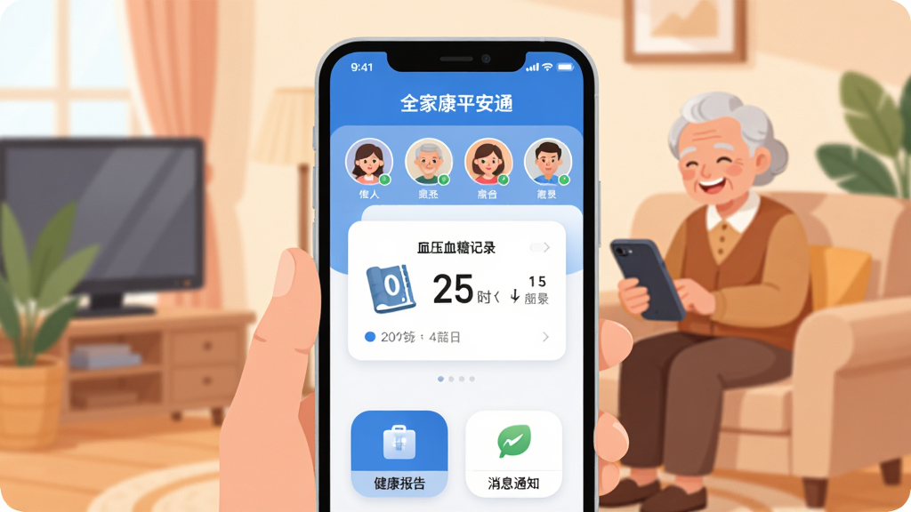 ��������һ�������ֻ�����Ļ����ʾ��ȫ�ҿ�ƽ��ͨ��App�����棬������������ɫΪ����������ʾ��ͥ��Աͷ���б����м�����Ŀ��ѪѹѪ�Ǽ�¼��Ƭ���ײ�Ϊ������������Ϣ֪ͨͼ�ꡣ����Ϊ��ܰ�ļ�ͥ��������������������ɳ����΢Ц�ſ��ֻ������Ϊ�ִ���ƽ��UI�廭��ϸ��Բ�󣬻��ʸɾ��������޶���Ԫ�ء�