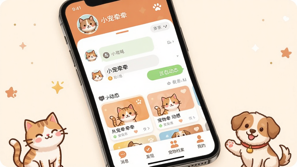 һ���ֻ���Ļչʾ��С��ǣǣ��APP�����棬�������ůɫ����ƣ������г���ͷ����ǳƣ��м��������б��ͳ��ﶯ̬��Ƭ���ײ�����������Ϣ�����֡����ﵵ�����ҵ��ĸ�ͼ�꣬�������пɰ���è��͹�����ͨ�����׺�������ܰ���ã��������������ʸɾ����޶���Ԫ��