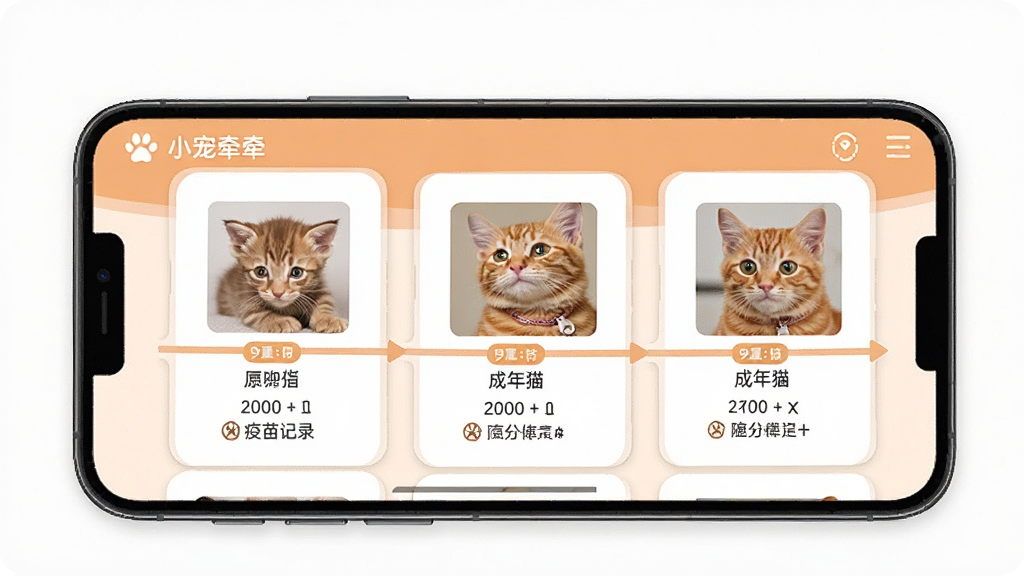 һ��չʾ��С��ǣǣ��APP���ﵵ�������ͼƬ���ֻ���Ļ����ʾһֻ��è�ĳɳ�ʱ���ᣬʱ��������������è������è����Ƭ�����ؼ�¼�������¼��������Ϣ��������ÿ�Ƭʽ��ƣ���ɫ��ů�����������������ʸɾ����޶���Ԫ��