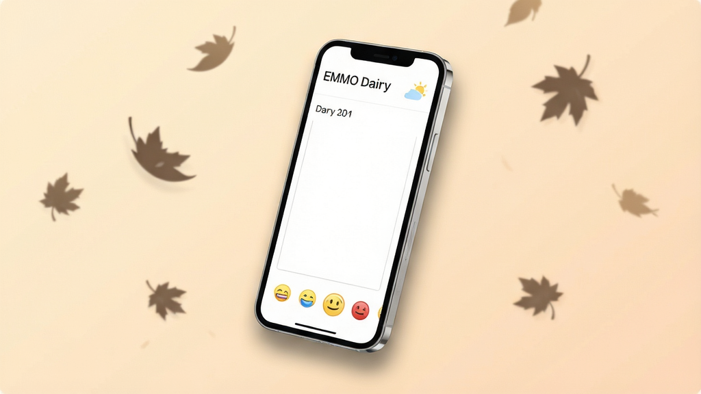 һ��չʾEMMO�ռǱ�App���Ľ����ͼƬ��������һ�����������ůɫ�������е������ֻ�����Ļ��ʾ�ż����ռǱ༭ҳ�棬�Ϸ������ں�����ͼ�꣬�м�����д���򣬵ײ�������ѡ��ı�����š����ֲ��þ��й�ͼ���ֻ���΢��бչ������С��Ű��������������׳��㣬����Ǽ�������ϵ��ϸ�����ֻ���Ե����͵���Ӱ���������м�ƬƮ�����Ҷ��Ӱ�������������ɾ����޶���Ԫ�ء�