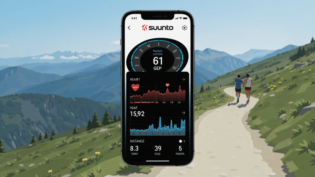 һ��չʾSuunto�ֻ�App�������ͼƬ������������SuuntoƷ�Ʊ�־���ֻ���Ļ����Ļ����ʾ�˶������Ǳ��̣��������١����ʡ������ͼ���������ǻ���ɽ�����ܲ�С��������ִ���࣬������ɫΪ����ϸ�����������ʸɾ��޶���Ԫ�ء�