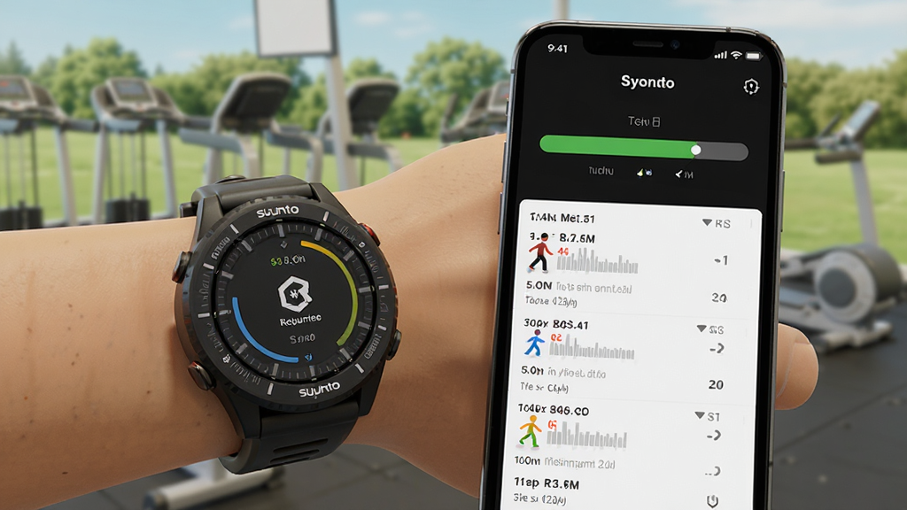 һ��չʾSuunto�ֱ����ֻ�Appͬ�����ݵĻ��棬������һֻ�ִ���Suunto�˶��ֱ����Ա��ֻ���Ļ��ʾͬ������������ͬ�����˶���¼�б��������ǽ��������⻷�������дʵ������ϸ�����������ʸɾ���