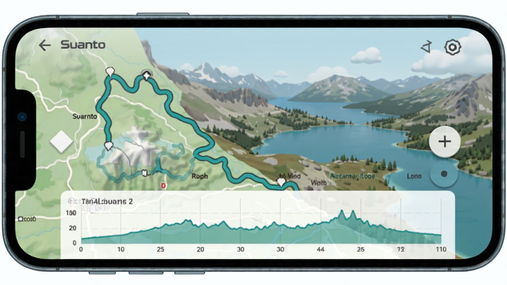 һ��չʾSuunto App·�߹滮�����ͼƬ���ֻ���Ļ����ʾ��ͼ��һ���滮�õ�ͽ��·�ߣ���;�к��α仯ͼ��������ɽ��������������˶��У�����ɫ����ϸ�����������ʸɾ��޶���Ԫ�ء�