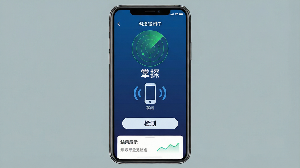 һ���ֻ���Ļչʾͼ�����������ǡ���̽��APP�������棬����������ɫ�Ƽ��н��䣬���涥����ʾ���������С����״�ɨ�趯�����м����豸����ͼ����źŲ��ƣ��ײ��Ǽ��ļ�ⰴť�ͽ��չʾ��������ִ���ƽ�����ʸɾ��޶���Ԫ�أ����֡���̽�������ɼ�