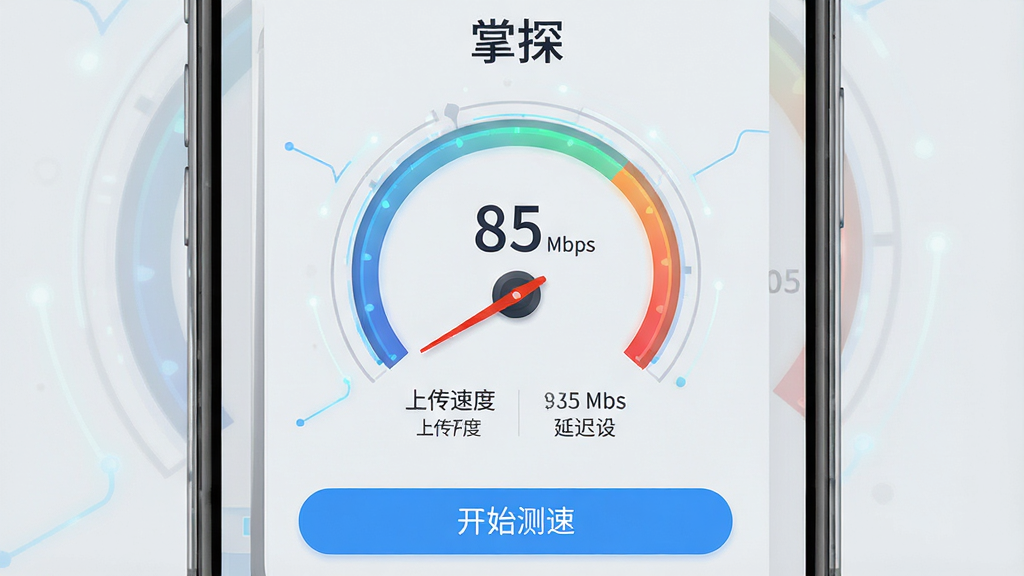һ���ֻ�Ӧ�ý���չʾͼ�������С���̽��APP���ڽ���������٣���Ļ������һ�����Բ���Ǳ��̣�ָ��ָ��85 Mbps��λ�ã��·���ʾ�ϴ��ٶȺ��ӳ���ֵ��������ǳ��ɫ�����Ƽ���ʮ�㣬����ײ��С���ʼ���١���ť�����֡���̽���ڶ���������ʾ