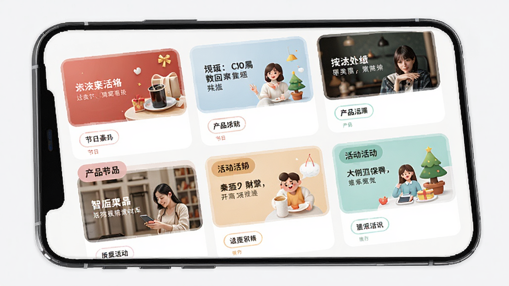 �ǻ�Ӫ��APP�ƹ��زĿ���棬�ֻ���Ļ��ʾ����زĿ�Ƭ�����������İ�����ͼ����ͼ�������ǩ�н��ա���Ʒ����ȣ�����������࣬ɫ����ͣ����ʸ��壬�ɾ��޶���Ԫ��