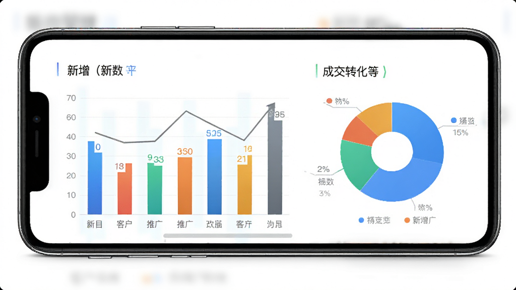 �ǻ�Ӫ��APP����ͳ�ƿ��壬�ֻ���Ļ��ʾ��״ͼ�ͱ�״ͼ������ָ���пͻ��������ƹ�������ɽ�ת���ȣ�ͼ����ɫ���������沼�ֹ��������ʸ��壬�ɾ��޶���Ԫ��