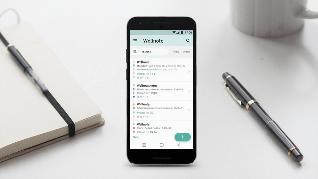 Wellnote 手机笔记软件主界面展示,画面中央是一部安卓手机,屏幕显示 Wellnote 应用界面,顶部有
