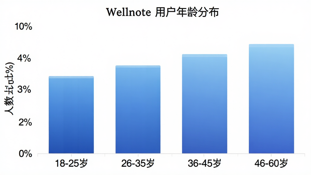 Wellnote 用户年龄分布柱状图,画面中一个清晰的柱状图表,横轴标注年龄段