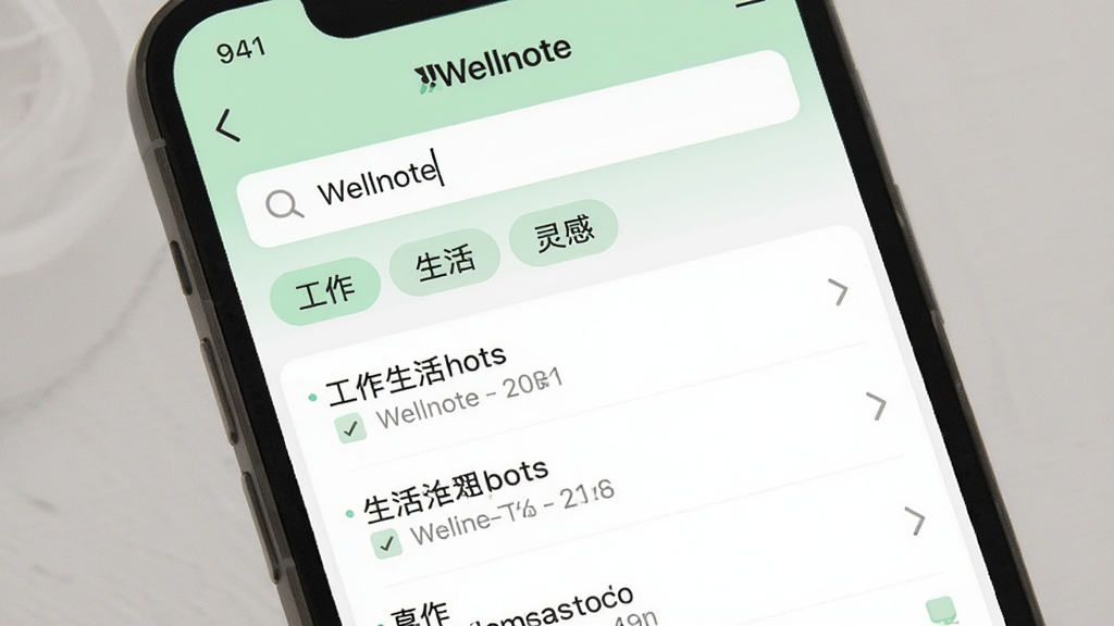 Wellnote 分类与搜索功能界面,手机屏幕显示 Wellnote 应用内的标签分类页面,有