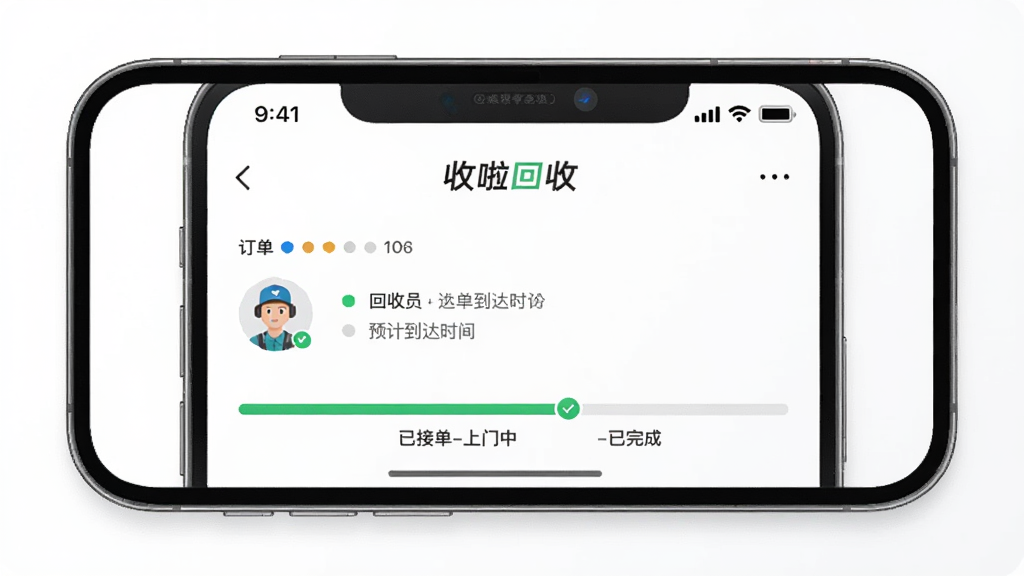 һ��AI���ɵ�ͼƬ���ֻ���Ļ��ʾ���������ա�App�Ķ���׷��ҳ�棬ҳ�����ж�����š�����Աͷ��Ԥ�Ƶ���ʱ�䣬�Լ�һ����������ʾ���ѽӵ�-������-����ɡ��������Ǽ��İ�ɫ���棬����ִ���ƽ�����ʸɾ����޶���Ԫ��