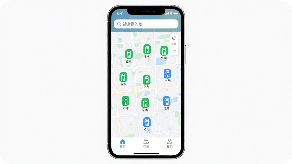 ���ܶ��App������չʾ���ֻ���Ļ������ʾ�������׮��ͼ����ɫͼ���ע����׮����ɫ��עռ���У�����������д�š�����Ŀ�ĵء����ײ�������Ϊ��ҳ���������ҵ�����ѡ�����������ˬ�ִ������ʸɾ��޶���Ԫ��