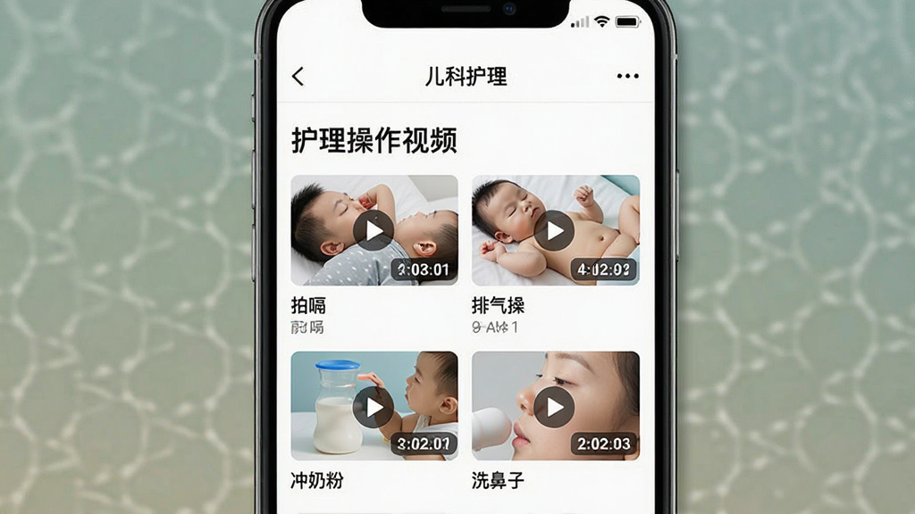 һ��չʾ�����ƻ�����Ӧ������Ƶ��ѧҳ���ͼƬ���ֻ���Ļ��ʾ������������Ƶ���б����С����á��������١������̷ۡ���ϴ���ӡ�����Ƶ��������ͼ��ÿ�������в��Ű�ť��ʱ����ע�������࣬����Ϊ��ɫ����������������ִ������ʸɾ��޶���Ԫ��