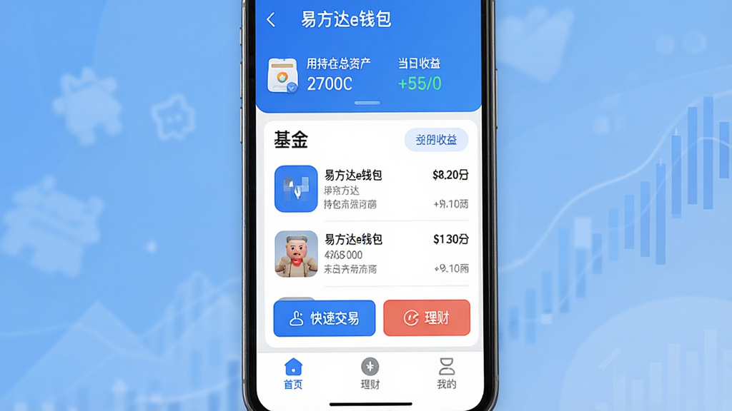 һ���ֻ���Ļչʾ���׷���eǮ����App�����棬������������ɫΪ����������ʾ�û��ֲ����ʲ��͵������棬�м������ǻ����Ʒ�б��Ϳ�ݽ��װ�ť���ײ�����ҳ�����ơ��ҵ���������ѡ����岼�ּ������������ִ���ƽ��ͼ��Բ�󣬻��ʸɾ����޶���Ԫ��