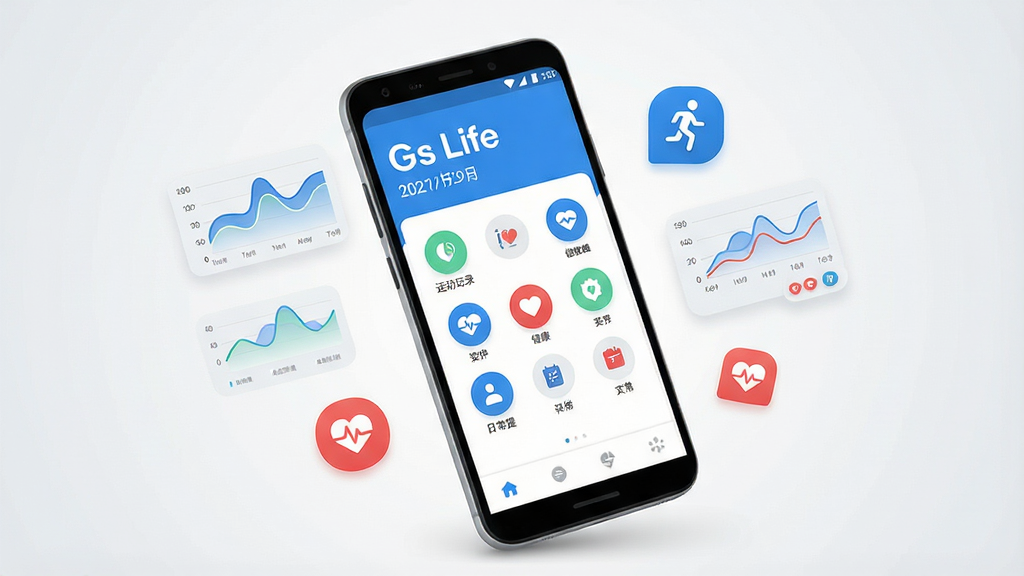 һ��չʾGs Life��������ȫò������ͼ������Ϊһ����׿�ֻ�����Ļ��ʾGs LifeӦ�������棬������������ɫΪ���������л�ӭ������ڣ��м��������˶���¼���������ݡ��ճ����ѵ�Բ�ι���ͼ�꣬�ײ�Ϊ���ĵ��������ֻ���ΧƯ���Ž����������ߡ�����ͼ�ꡢ����ͼ���Ԫ�ء����ֲ��þ��й�ͼ���ֻ���΢��б������Ϊ�ɾ���ǳ�ҽ��䡣����ִ���ƽ����ϸ��Բ�󣬻��ʸɾ��������޶���Ԫ�أ�ͼƬ�����ְ�����Gs Life����