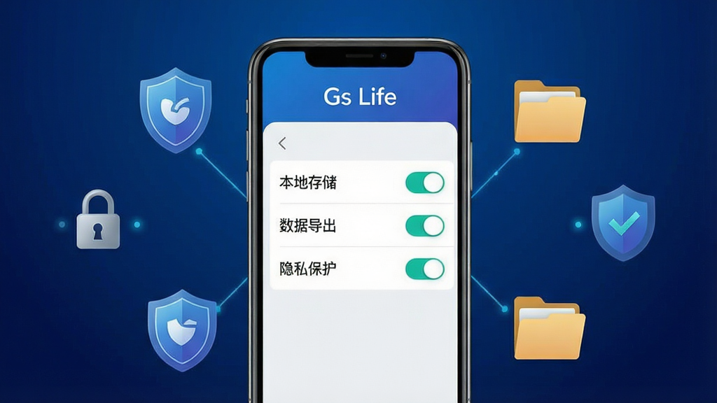 һ��չʾGs Life��˽�����뱾�ش洢���ܵ�ʾ��ͼ������Ϊ�ֻ���Ļ����Ļ����ʾGs Life������ҳ�棬ҳ�����С����ش洢�������ݵ���������˽��������ѡ��أ���Χ�����Ŷ��ơ������ļ��еȰ�ȫͼ�ꡣ����Ϊ�ֻ����У�ͼ�껷�����ܣ�����Ϊ����ɫ���䡣���Ƽ�������н�ϣ�ϸ�����������ʸɾ����޶���Ԫ�أ�ͼƬ�����ְ�����Gs Life����