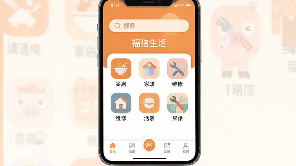 һ���ֻ���Ļչʾͼ�����������ǡ��������APP�������棬��������ů�ĳȰ�ɫ�������涥�����������м����������е��������ͼ�꣬����ʳ��������ά�޵ȣ��ײ��е����������������ִ�����ƽ����ƣ�ϸ��Բ�󣬻��������ɾ����޶���Ԫ��