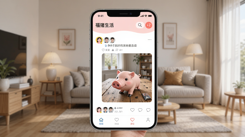 һ��AI���ɵ�ͼƬ������չʾ���������APP���������棬��Ļ����ʾ���û�������ͼ�Ķ�̬���Ա����ھӵ�ͷ��͵������۵�ͼ�꣬��������ܰ�ľӼҿ���������ִ���࣬���������������������޶���Ԫ��