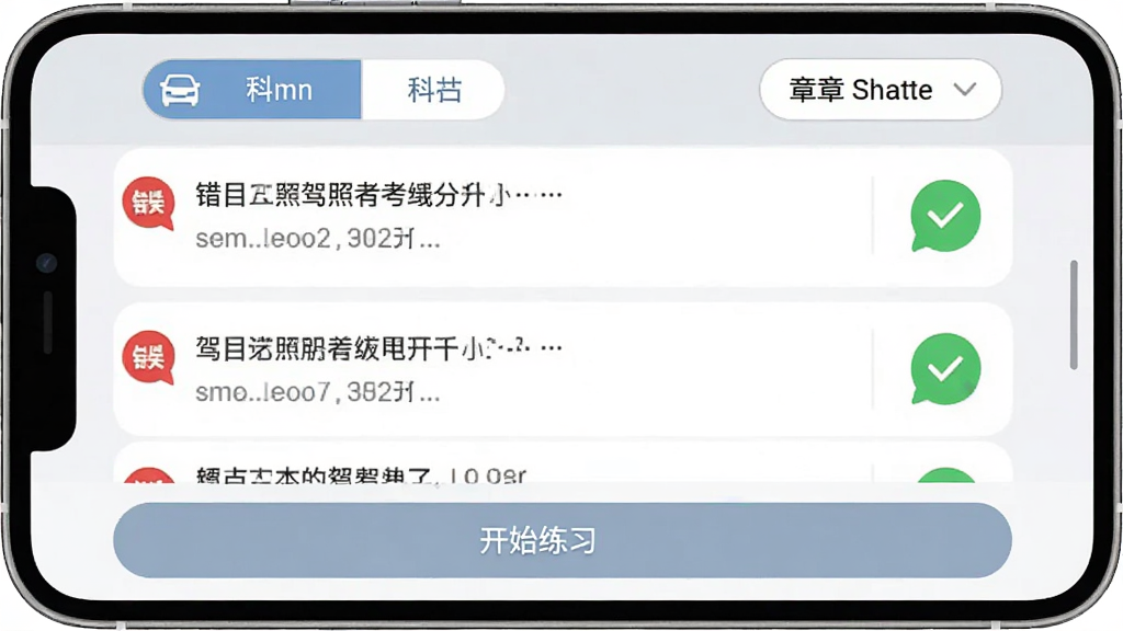 ���տ��Կ���APP�ڴ��Ȿ���ܽ��棬�ֻ���Ļ��ʾ�����б���ÿ�����Ա��к�ɫ�����Ǻ���ɫ��ȷ��ǣ������п�Ŀ�л����½�ɸѡ��ť���ײ��п�ʼ��ϰ��ť������Ϊ����ɫ��ͼ�����������ֱ�ǩ��ȷ������ִ���ƽ�����ʸɾ��޶���Ԫ��