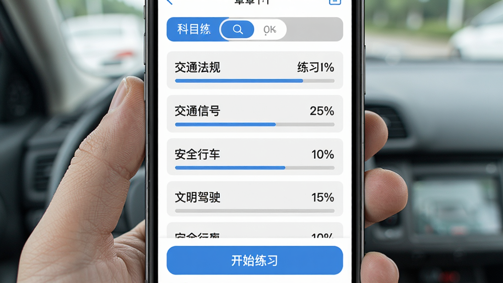 ���տ��Կ���APP�½���ϰ���棬�ֻ���Ļ��ʾ��Ŀһ�½��б���������ͨ���桢��ͨ�źš���ȫ�г���������ʻ���½����ƣ�ÿ���½��Ҳ���ʾ��ϰ���Ȱٷֱȣ������п�Ŀ�л������ײ��п�ʼ��ϰ��ť������Ϊ��ɫ����ɫ����ɫ�ͻ�ɫΪ���������󷽣����ʸɾ��޶���Ԫ��