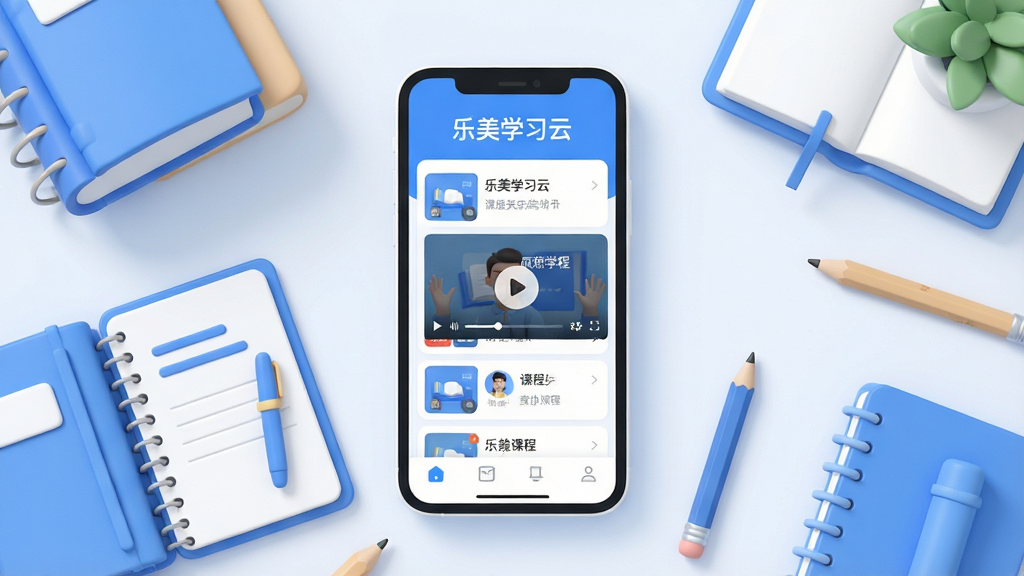 һ��չʾ����ѧϰ��App���Ľ����ȫ��ͼ�������������ֻ���Ļ����Ļ����ʾ�γ��б�����Ƶ���Ž��棬���涥���С�����ѧϰ�ơ���������Χ�������鼮���ʼǱ���Ǧ�ʵ�ѧϰԪ�أ����ֲ��þ����Ű棬���Ϊ�ִ���ƽ��3D��Ⱦ��ϸ��Բ�󣬻��ʸɾ��޶���Ԫ�أ�����ɫ������ɫ�Ͱ�ɫΪ������������