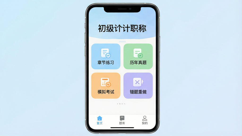 һ���ֻ�Ӧ�ý���չʾͼ��������������Ϊ���������ְ��׼��⡱��APP�����棬����Ϊ����ɫ���䣬�����Ϸ���ʾ���������ְ�ơ��������м��������½���ϰ���������⡢ģ�⿼�ԡ����������ĸ����ܿ�Ƭͼ�꣬��Ƭ���ΪԲ�Ǿ��Σ���ɫ�ֱ�Ϊǳ����ǳ�̡�ǳ�ȡ�ǳ�ϣ��ײ��С���ҳ������⡱���ҵġ�����������ǩ�������������죬�����������ɾ��޶���Ԫ��