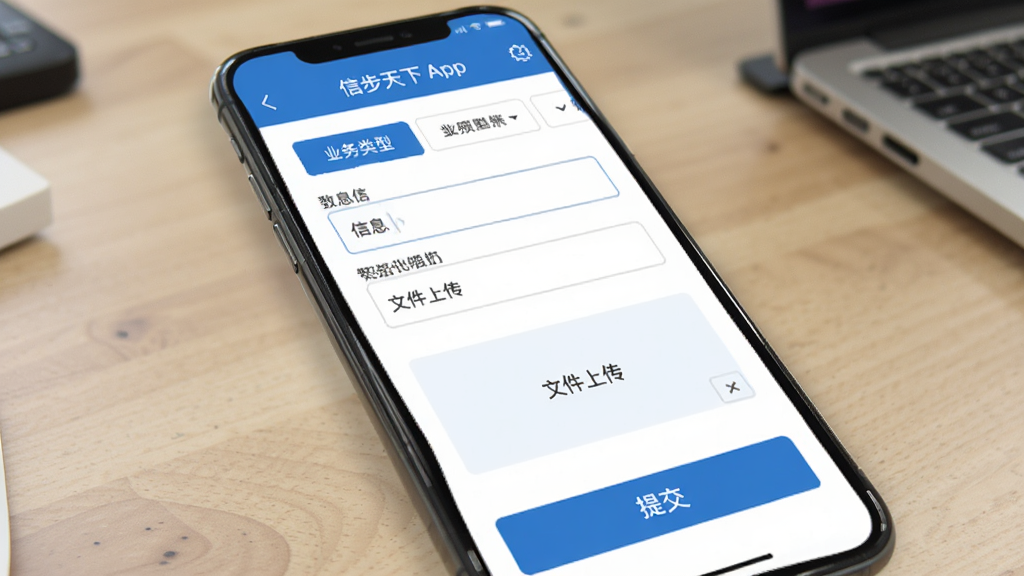 �Ų�����Appҵ�����ҳ�棬�ֻ���Ļչʾ������д���棬�Ϸ���ҵ������ѡ���ǩ���м�����Ϣ�������ļ��ϴ����򣬵ײ����ύ��ť��������ɫΪ���������񣬲��������в�Σ�ͼ�������ˣ����ʸɾ�����