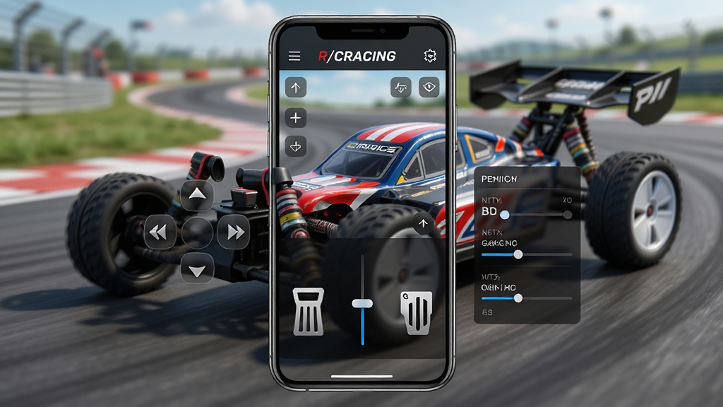 һ��չʾR/CRACING�ֻ�Ӧ���������ͼƬ������������һ�������ֻ�����Ļ����ʾRCң���������ƽ��棬����������ơ�����ɲ�����顢��������������壬������������һ��ң�������������������Ű����࣬����ִ��Ƽ��У�ϸ�ڷḻ�����ʸ��壬�ɾ����޶���Ԫ��
