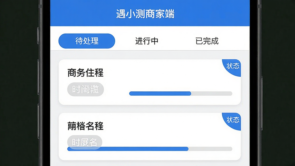 遇小测商家端任务管理界面AI生图,手机屏幕展示任务列表页面,标题