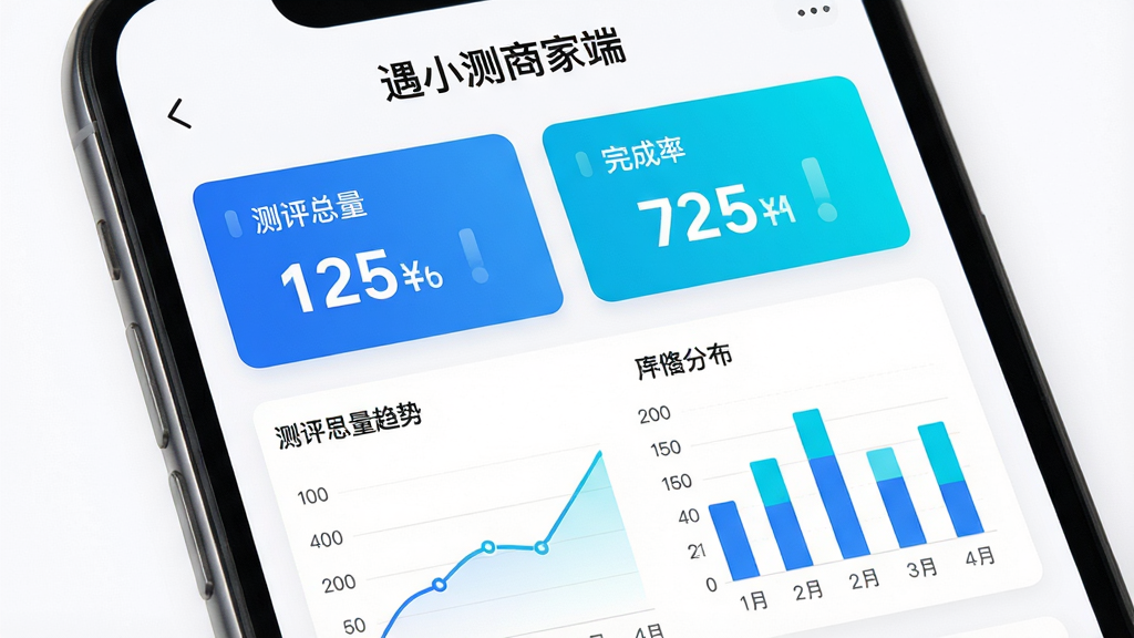 遇小测商家端数据看板AI生图,手机屏幕展示数据统计页面,顶部显示