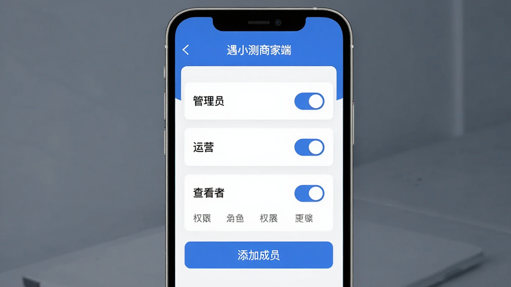 遇小测商家端多角色权限管理AI生图,手机屏幕展示权限设置页面,顶部显示