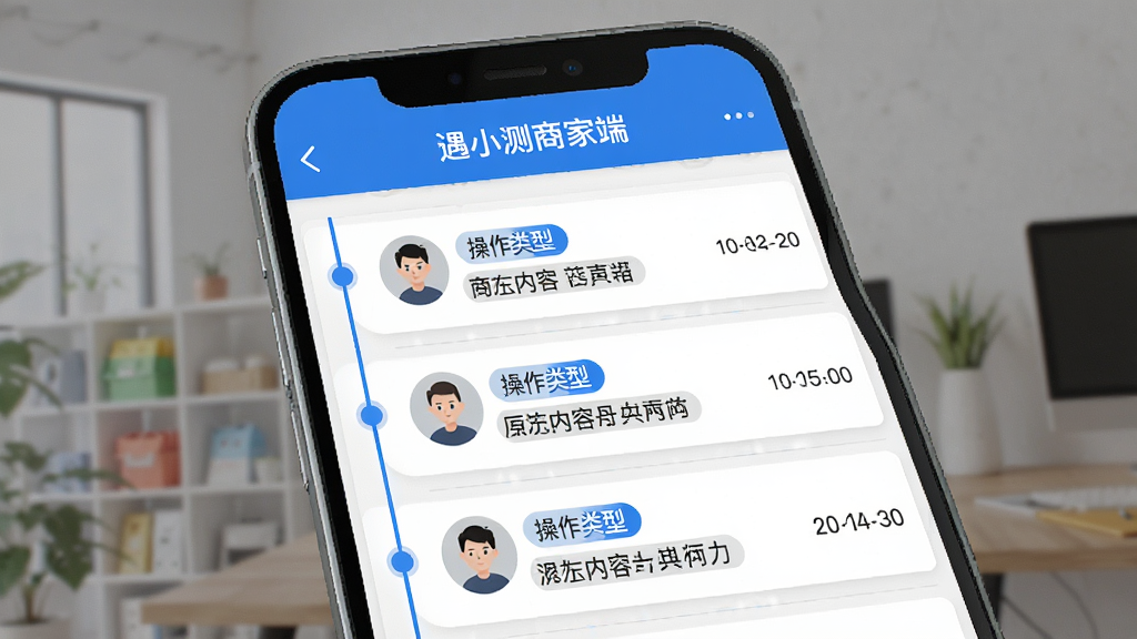 遇小测商家端操作日志界面AI生图,手机屏幕展示日志记录页面,顶部标题