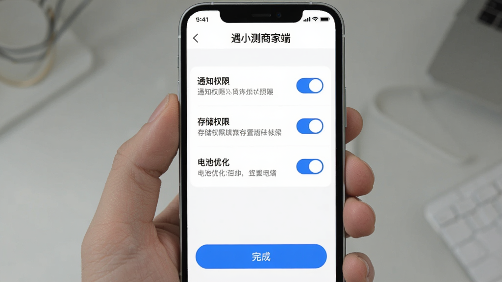 遇小测商家端安装设置引导界面AI生图,手机屏幕展示权限设置页面,顶部显示