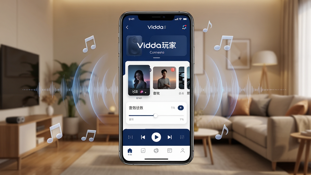 һ��չʾVidda����ֻ�App�������ͼƬ������������һ�������ֻ�����Ļ��ʾVidda���App����ҳ������������ɫ�Ͱ�ɫΪ��ɫ����������ʾ�����ӵ������豸���ƣ��м��������Ƽ���Ƭ����Ч���ڻ��飬�ײ��ǲ��ſ������͵����˵����ֻ���Χ�����Ű�͸������������������ͼ�꣬��������ܰ�ľӼҿ�������������ִ���Լ�Ƽ��У�ϸ�����������ʸɾ��޶���Ԫ�أ�����������ʾ