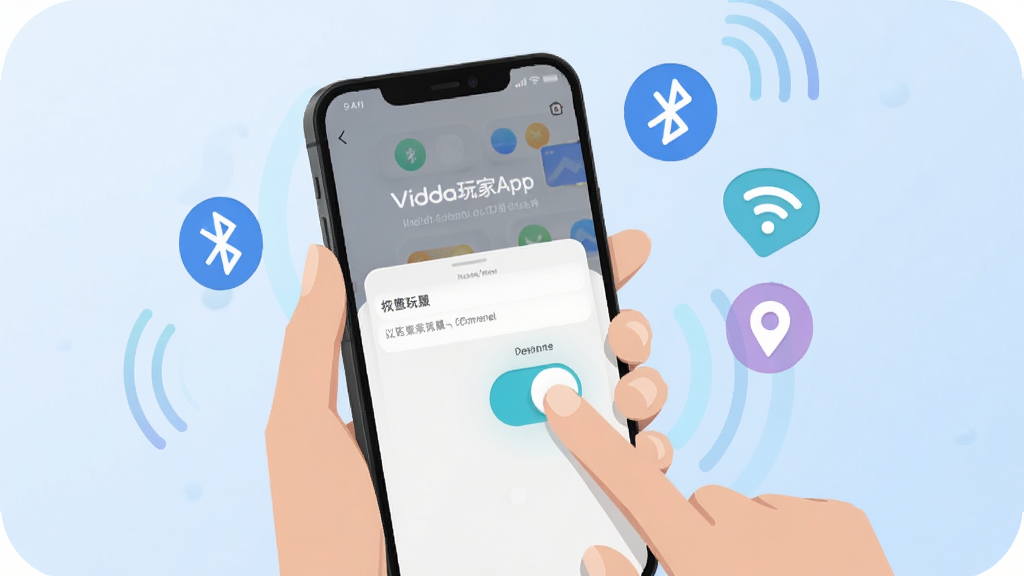 һ��չʾ�ֻ���װVidda���App���̵�ͼƬ������������һֻ�������ֻ�����Ļ��ʾ��װȨ�����õĽ��棬��һ����Ŀ�Ŀ��ذ�ť����ָ������ֻ��Ա�Ư��������ͼ�ꡢWiFiͼ��Ͷ�λͼ�꣬��������͵�ǳ��ɫ���䣬����ƽ���廭��ϸ�����������ʸɾ������ֱ�ע