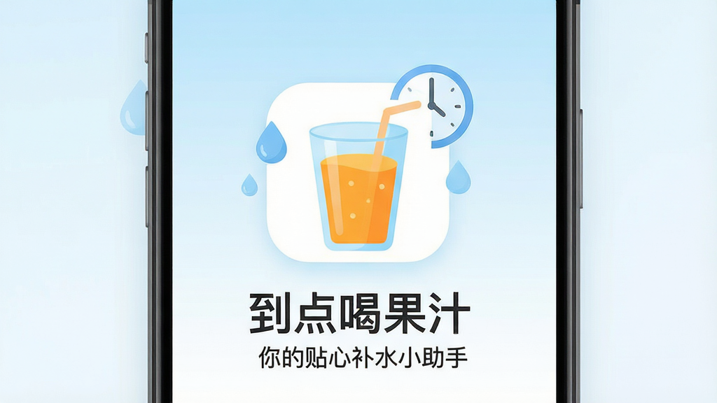 һ��������µ��ֻ�Ӧ�ý��棬������ʾһ��װ����֭�Ĳ�����ͼ�꣬��Χ������ˮ�κ�ʱ��Ԫ�أ�����������Ϊ������ȹ�֭����������Ϊ��������Ĳ�ˮС���֡�������Ϊ��͵����׽���ɫ����ƽ����Ʒ��ͼ��Բ�󣬽���ɾ��޶���Ԫ�أ���������������