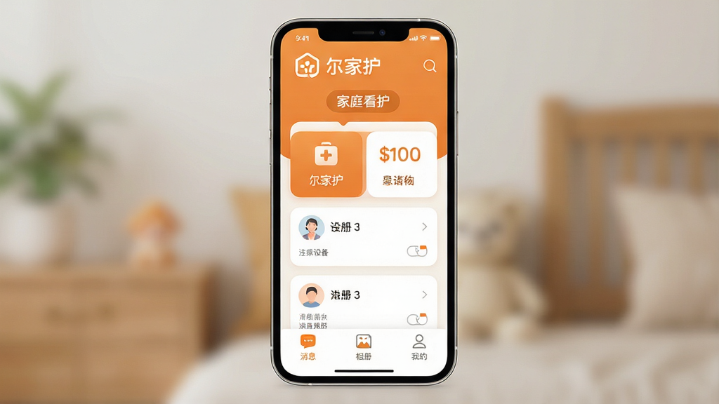 һ��չʾ�����һ���App����ȫò��ͼƬ��������һ�������ֻ�����Ļ��ʾApp�����棬��������ů�ĳ�ɫ��Ϊ����������ʾ�����һ���Logo�͡���ͥ�������������м��������豸�Ŀ�Ƭ�б����·��С���Ϣ��������ᡱ�����ҵġ�����ͼ�꣬��������������ִ���ƽ��ϸ��Բ�󣬻��ʸɾ����޶���Ԫ�ء�