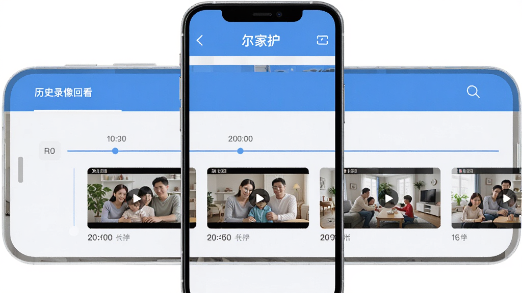 һ��չʾ�����һ���App��ʷ¼��ؿ����ܵĽ����ͼ���������ֻ���Ļ����Ļ����ʾʱ����Ͷ����Ƶ����ͼ������ͼ���в�ͬʱ��εļ�ͥ���棬��������ɫ�Ͱ�ɫΪ�����������������ֱ�ǩ��ȷ������ִ���ƽ�����ʸɾ����޶���Ԫ�ء�