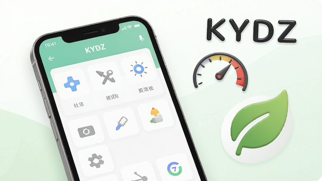 һ��չʾKYDZ�������������޹���ͼƬ��������һ���ֻ���������KYDZӦ�ã���Ļ����ʾ�ż��Ĺ��߽��棬û���κι�����򵯴����ֻ��Ա���һ����ʾ�ٶȵ��Ǳ���ͼ���һƬ��Ҷͼ�꣬���������͸ɾ��������ǰ�ɫ��ǳ��ɫ���䣬���������Ȼ��ϸ�ڸɾ����䣬���ʸ��壬ͼƬ�д������֡�KYDZ��