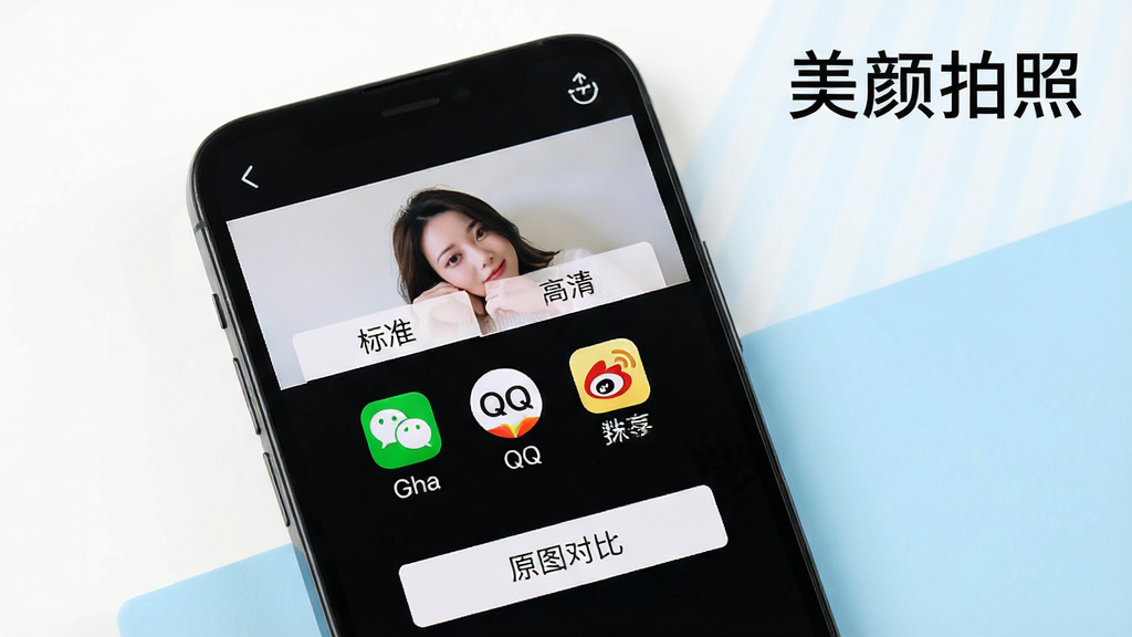 һ��չʾ�����������������뱣�湦�ܵ�ͼƬ��������һ���ֻ���ʾ��Ƭ������棬�������С���׼���͡����塱��������ѡ��Ա���΢�š�QQ��΢���ķ���ͼ�꣬�ֻ���Ļ�·���һ����ԭͼ�Աȡ���ť�������Ǽ��İ�ɫ��ǳ��ɫ�������ˬ��ϸ�����������ʸɾ��޶���Ԫ�أ�ͼƬ�д����֡��������ա�