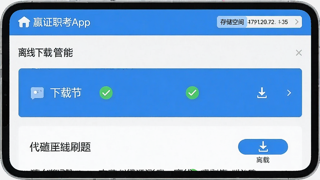 һ��չʾ��ְ֤��App�������ع��ܵ�ͼƬ����������ʾ������ع������棬�����ص��½��Ա�����ɫ�Թ���ǣ�δ���ص���ʾ���ذ�ť�������д洢�ռ���ʾ���������������ɫ���б����������������ʵ�ã����ʸɾ��޶���Ԫ�أ�ͻ������ˢ��ı����ԡ�