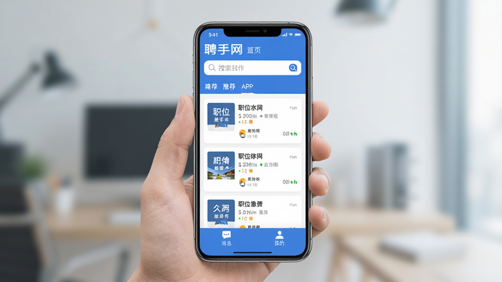 Ƹ���� ��Ƹ��ְ�ҹ��� �ֻ�APP����չʾ һ���ִ���Լ�����ֻ���Ļ ��Ļ����ʾƸ��������ҳ ������������ �м���ְλ�Ƽ��б� �ײ�����Ϣ���ҵİ�ť ����ɫ��Ϊ��ɫ�Ͱ�ɫ ��ƽ����� �������� ϸ�ڷḻ �ɾ��޶���Ԫ��