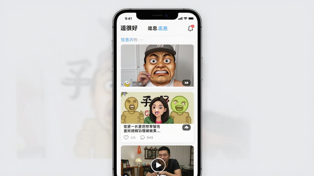 һ���ֻ�����չʾ�����ܺá�App����Ϣ��ҳ�棬ҳ���������Ÿ�Ц��ͼ�Ŀ�Ƭ�Ͷ���Ƶ���棬��Ƭ���п��ŵı��������Ĭ�����ֱ��⣬�����Ǽ���ǳ��ɫ�����沼���������ִ���ƽ��񣬻��ʸɾ�
