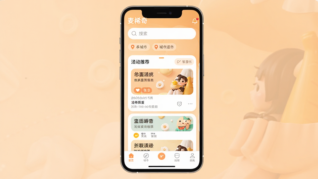 һ���ֻ���Ļչʾ����ϡ�桱App�������ͼƬ�����������ǻ�Ƽ���Ƭ�����Ϸ���������ͳ��ж�λ��ǩ���ײ������������ɼ���������ůɫ����ǳ��ɫ���䣬��������ִ���ϸ��Բ�󣬻��ʸɾ����޶���Ԫ��